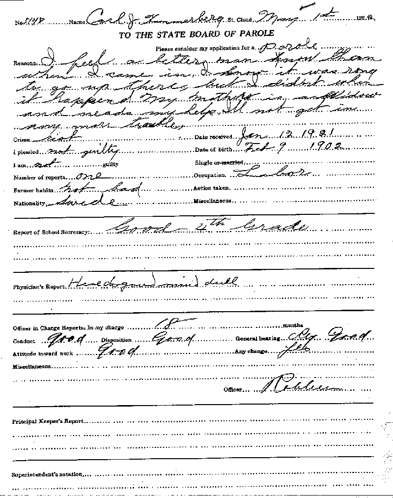 Carl John Alfred Hammerberg. Case No. 5148. Application for Parole, May 1, 1922.