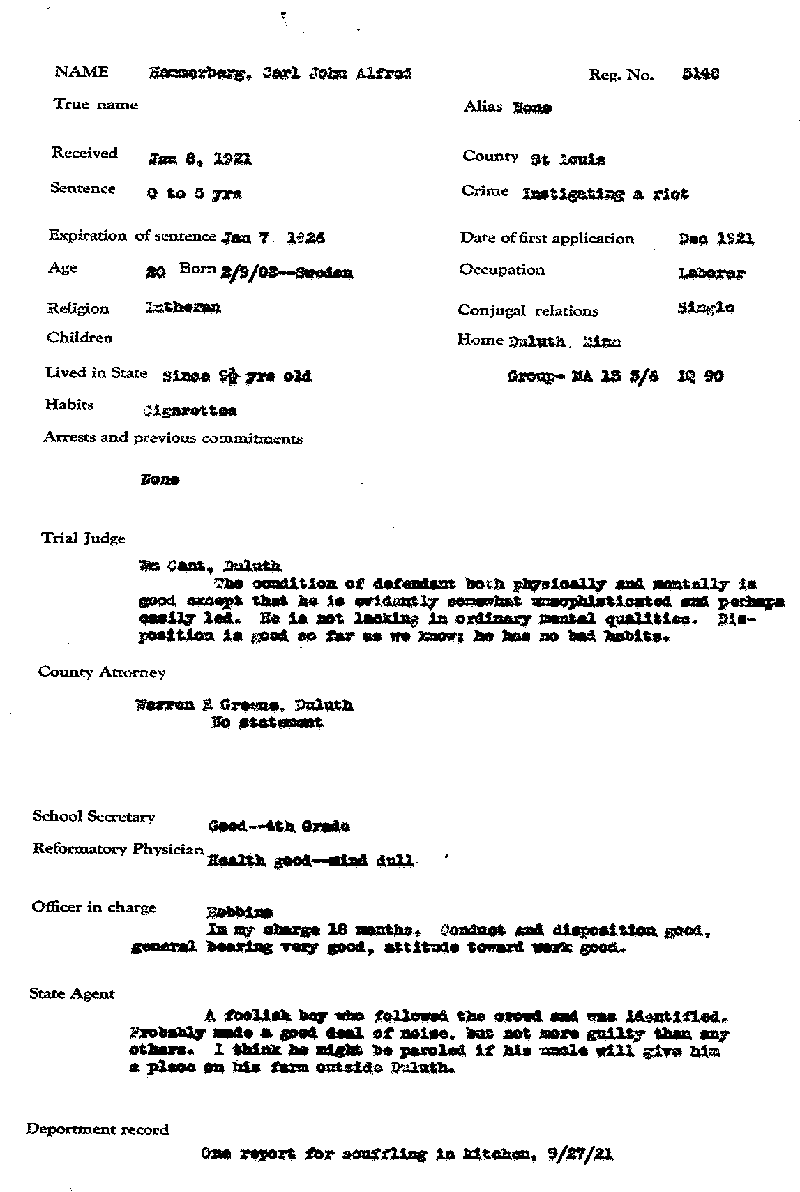 Carl John Alfred Hammerberg. Case No. 5148. Parole Information Form, May 1922.--Gov't Record(s)--Parole Information Form (gif)