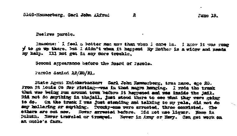 Carl John Alfred Hammerberg. Case No. 5148. Parole Information Form, May 1922.--Gov't Record(s)--Parole Information Form (gif)