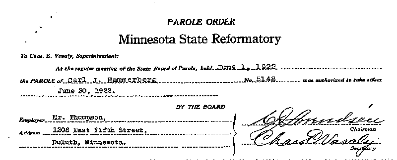Carl John Alfred Hammerberg. Case No. 5148. Parole Order, June 30, 1922.--Gov't Record(s)--Parole Order (gif)