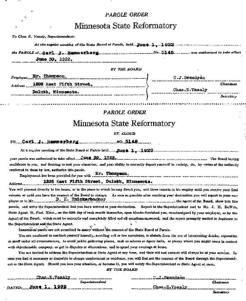 Carl John Alfred Hammerberg. Case No. 5148. Parole Order, June 30, 1922.--Gov't Record(s)--Parole Order (gif)