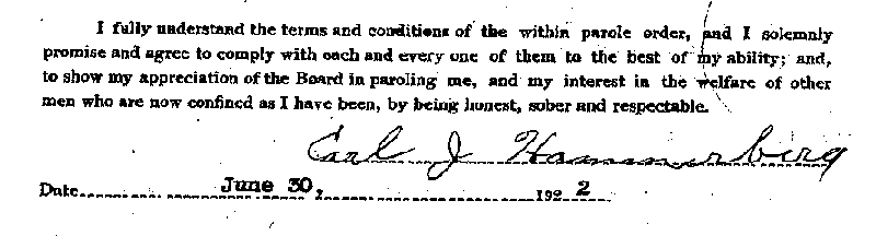 Carl John Alfred Hammerberg. Case No. 5148. Parole Order, June 30, 1922.--Gov't Record(s)--Parole Order (gif)
