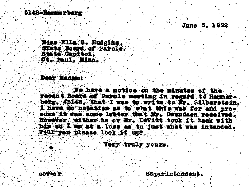 Carl John Alfred Hammerberg. Case No. 5148. Letter from Charles E. Vasaly to Ella S. Hudgins, June 5, 1922.