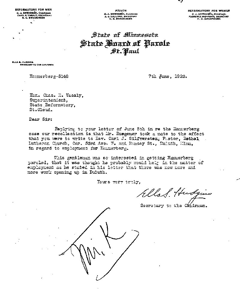 Carl John Alfred Hammerberg. Case No. 5148. Letter from Ella S. Hudgins to Charles E. Vasaly, June 7, 1922.