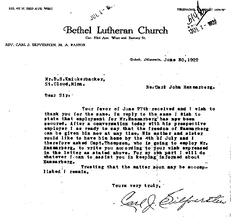 Carl John Alfred Hammerberg. Case No. 5148. Letter from Carl J. Silfversten to D. H. Knickerbacker, June 30, 1922.