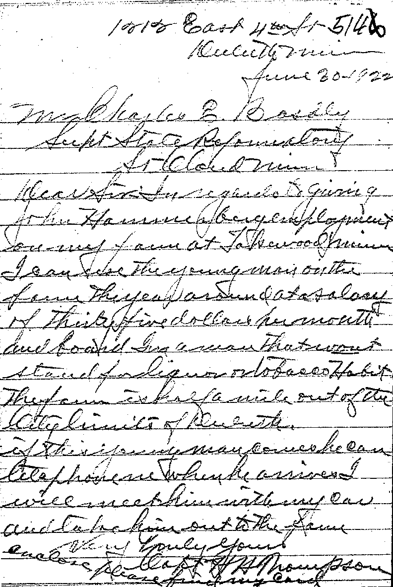 Carl John Alfred Hammerberg. Case No. 5148. Letter from H. H. Thompson to Charles E. Vasaly, June 30, 1922.--Correspondence (gif)