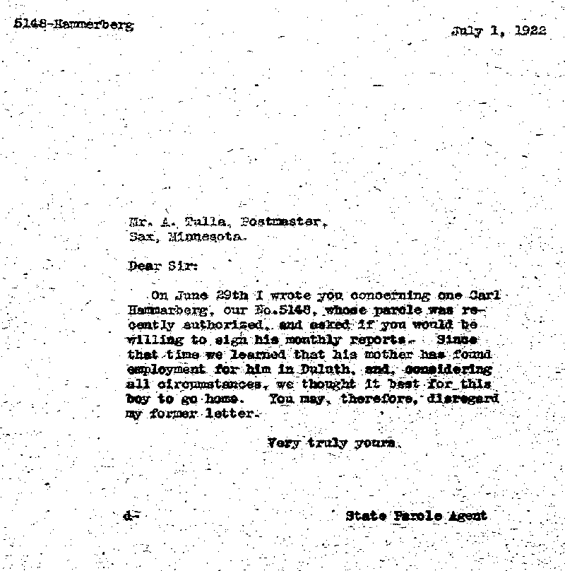 Carl John Alfred Hammerberg. Case No. 5148. Letter from D. H. Knickerbacker to A. Tulla, July 1, 1922.