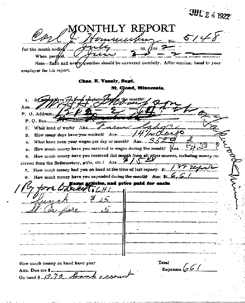 Carl John Alfred Hammerberg. Case No. 5148. Monthly Parole Report. July 20, 1922. --Gov't Record(s)--Monthly Parole Report (gif)