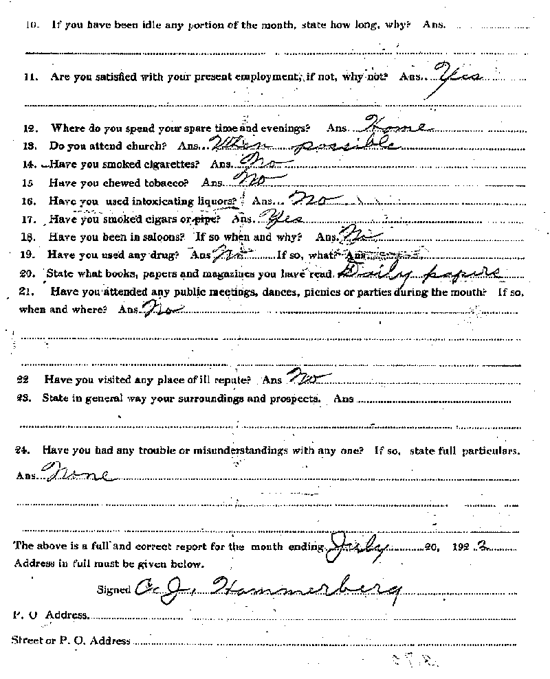 Carl John Alfred Hammerberg. Case No. 5148. Monthly Parole Report. July 20, 1922. --Gov't Record(s)--Monthly Parole Report (gif)