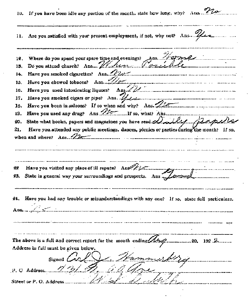 Carl John Alfred Hammerberg. Case No. 5148. Monthly Parole Report. August 20, 1922. --Gov&#039;t Record(s)--Monthly Parole Report (gif)