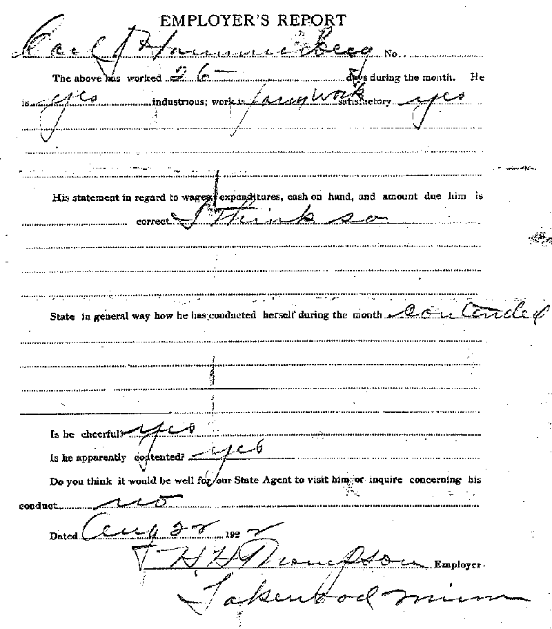 Carl John Alfred Hammerberg. Case No. 5148. Employer's Report, August 22, 1922.--Gov't Record(s)--Employer's Report (gif)