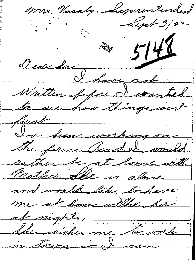 Carl John Alfred Hammerberg. Case No. 5148. Letter from Carl John Alfred Hammerberg to Charles E. Vasaly, September 3, 1922.--Correspondence (gif)