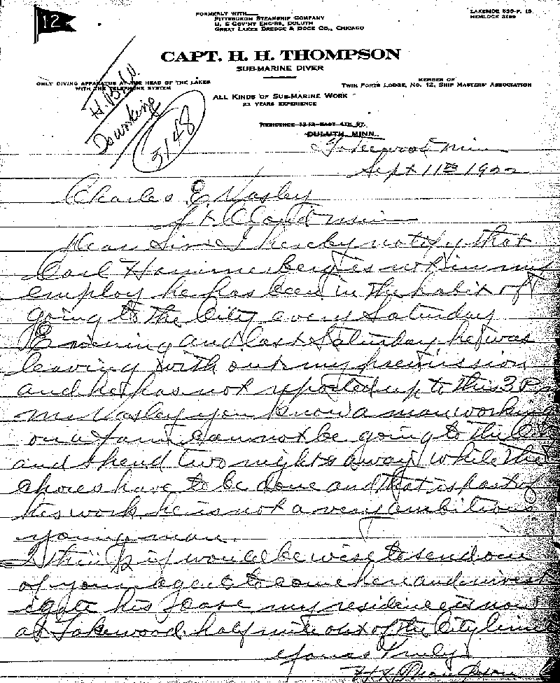 Carl John Alfred Hammerberg. Case No. 5148. Letter from H. H. Thompson to Charles E. Vasaly, September 11, 1922.