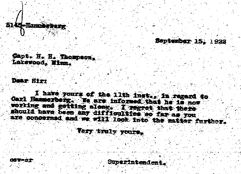 Carl John Alfred Hammerberg. Case No. 5148. Letter from Charles E. Vasaly to H. H. Thompson, September 15, 1922.