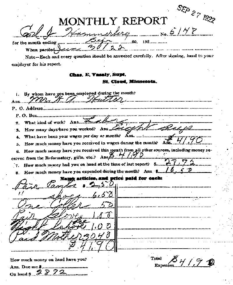 Carl John Alfred Hammerberg. Case No. 5148. Monthly Parole Report. September 20, 1922. --Gov't Record(s)--Monthly Parole Report (gif)
