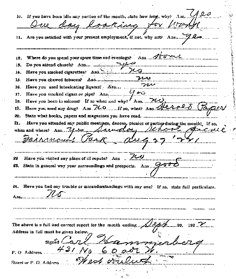 Carl John Alfred Hammerberg. Case No. 5148. Monthly Parole Report. September 20, 1922. --Gov't Record(s)--Monthly Parole Report (gif)