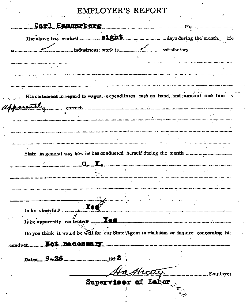 Carl John Alfred Hammerberg. Case No. 5148. Employer's Report, September 26, 1922.--Gov't Record(s)--Employer's Report (gif)