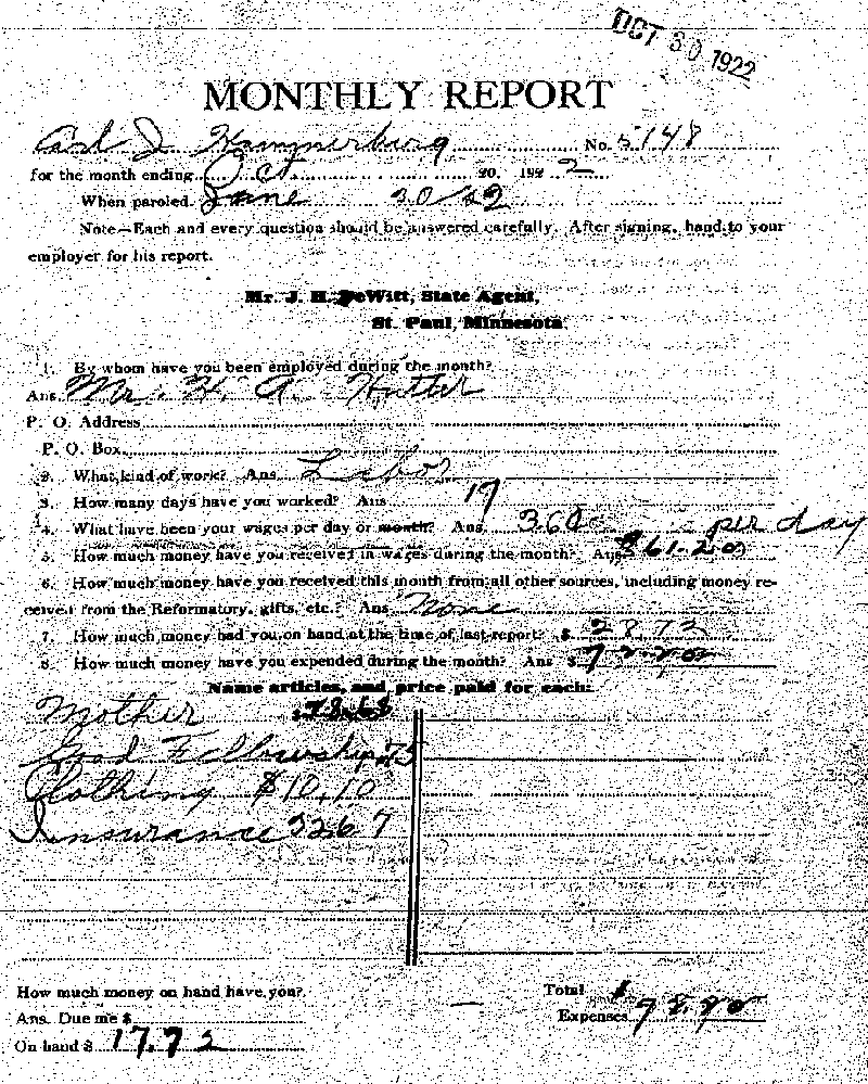 Carl John Alfred Hammerberg. Case No. 5148. Monthly Parole Report. October 20, 1922. --Gov't Record(s)--Monthly Parole Report (gif)