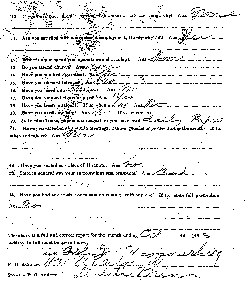 Carl John Alfred Hammerberg. Case No. 5148. Monthly Parole Report. October 20, 1922. --Gov't Record(s)--Monthly Parole Report (gif)