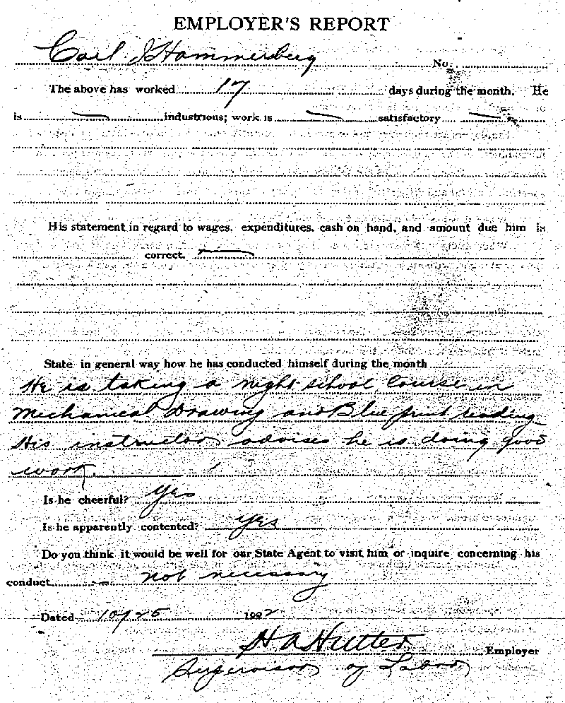 Carl John Alfred Hammerberg. Case No. 5148. Employer's Report, October 25, 1922.--Gov't Record(s)--Employer's Report (gif)