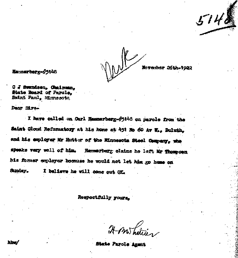 Carl John Alfred Hammerberg. Case No. 5148. Letter from H. B. Whittier to C. J. Swendsen, November 26, 1922.