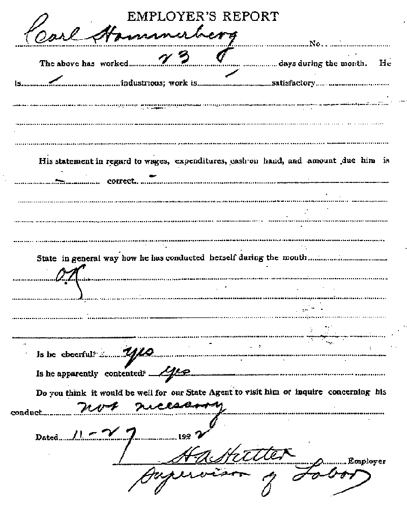Carl John Alfred Hammerberg. Case No. 5148. Employer's Report, November 27, 1922.--Gov't Record(s)--Employer's Report (gif)
