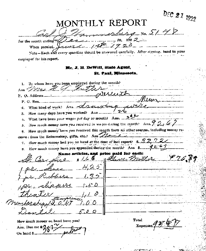 Carl John Alfred Hammerberg. Case No. 5148. Monthly Parole Report. December 20, 1922. --Gov&#039;t Record(s)--Monthly Parole Report (gif)
