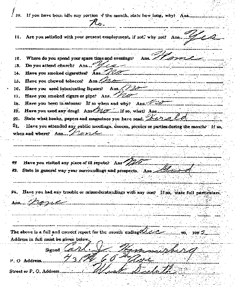 Carl John Alfred Hammerberg. Case No. 5148. Monthly Parole Report. December 20, 1922. --Gov&#039;t Record(s)--Monthly Parole Report (gif)
