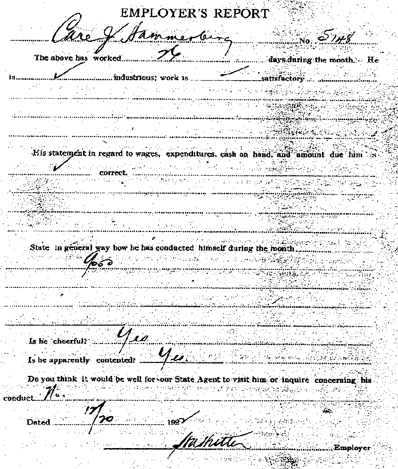 Carl John Alfred Hammerberg. Case No. 5148. Employer's Report, December 20, 1922.--Gov't Record(s)--Employer's Report (gif)