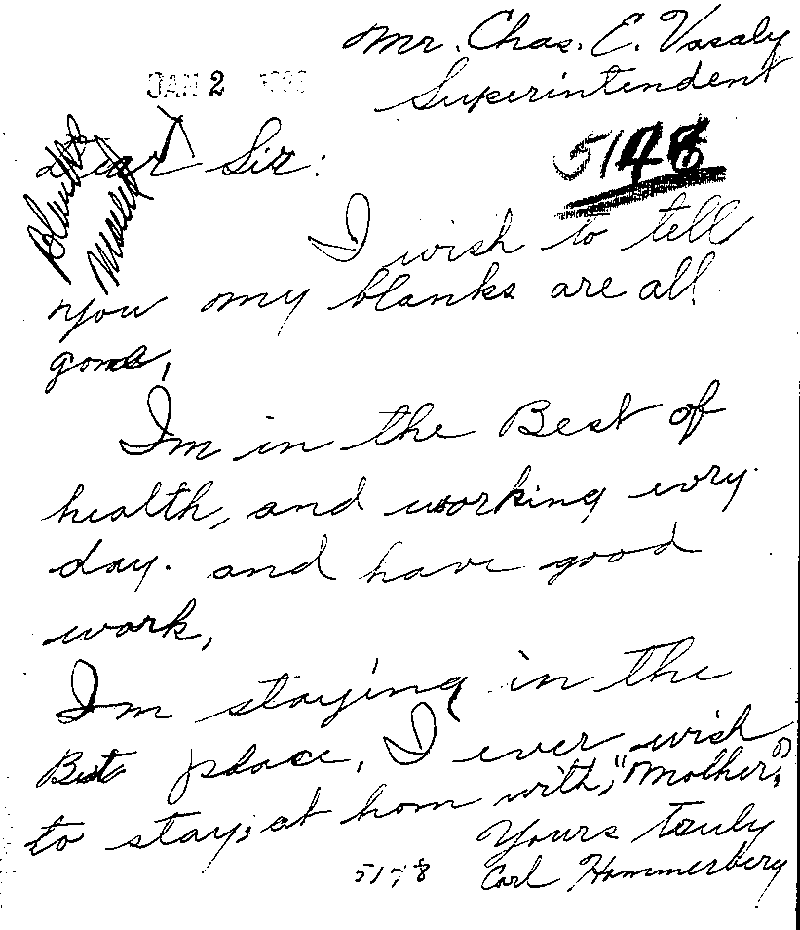 Carl John Alfred Hammerberg. Case No. 5148. Letter from Carl John Alfred Hammerberg to Charles E. Vasaly, January 2, 1923.