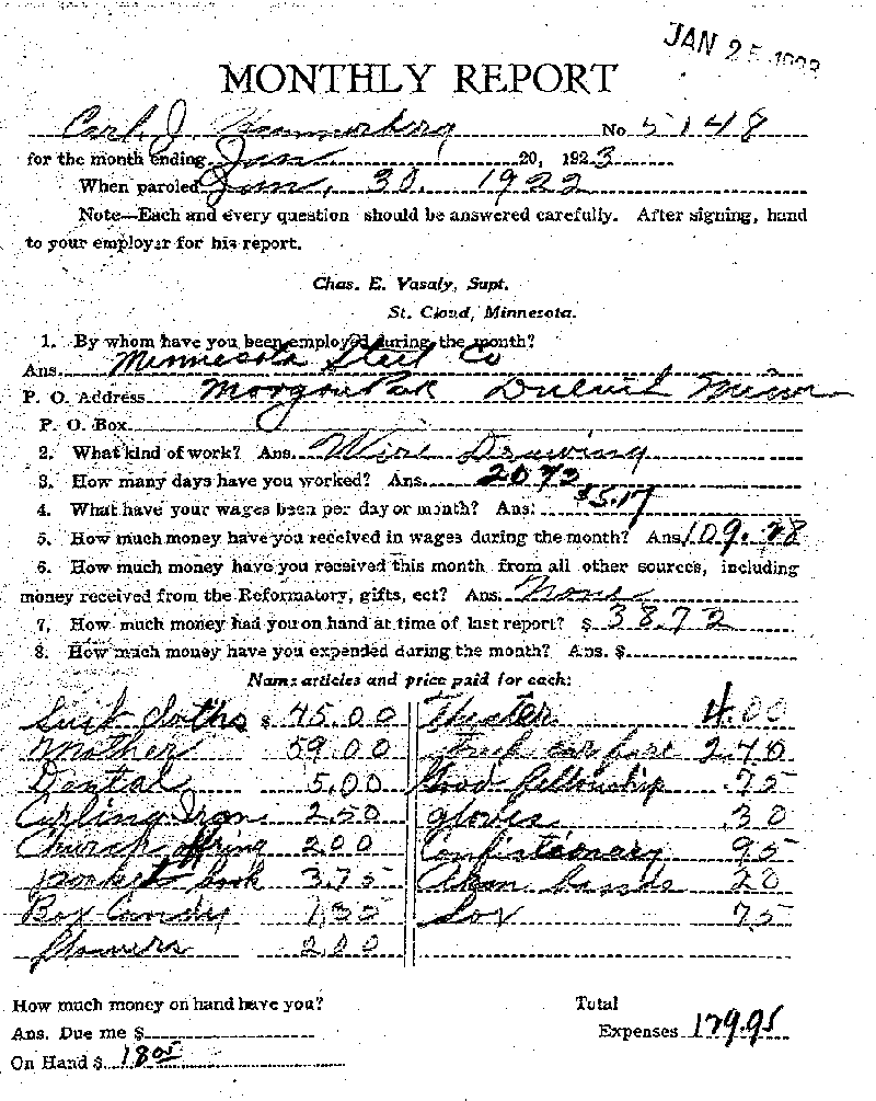 Carl John Alfred Hammerberg. Case No. 5148. Monthly Parole Report. January 20, 1923. --Gov&#039;t Record(s)--Monthly Parole Report (gif)