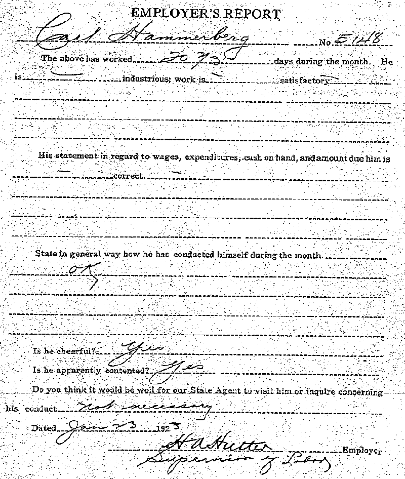 Carl John Alfred Hammerberg. Case No. 5148. Employer&#039;s Report, January 23, 1923.--Gov&#039;t Record(s)--Employer&#039;s Report (gif)