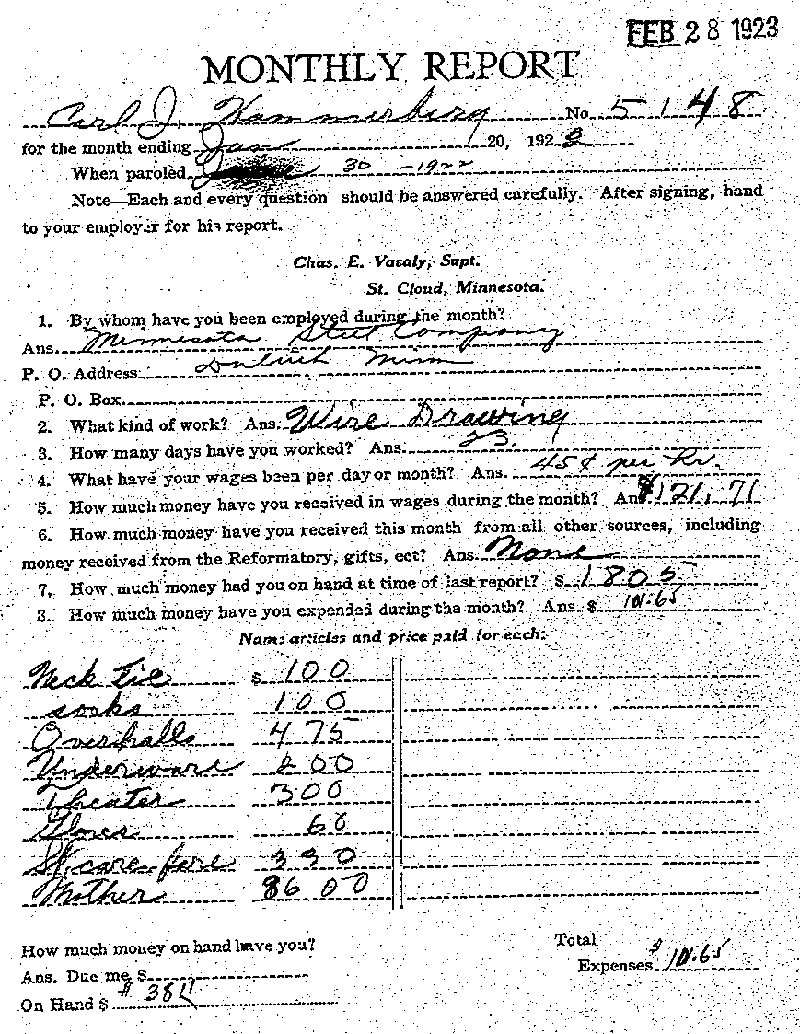 Carl John Alfred Hammerberg. Case No. 5148. Monthly Parole Report. February 20, 1923. --Gov't Record(s)--Monthly Parole Report (gif)