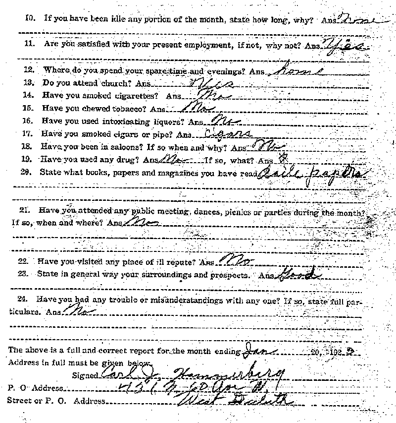 Carl John Alfred Hammerberg. Case No. 5148. Monthly Parole Report. February 20, 1923. --Gov't Record(s)--Monthly Parole Report (gif)