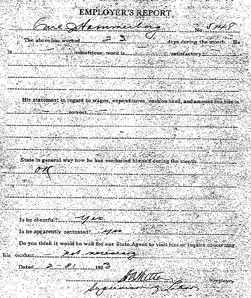 Carl John Alfred Hammerberg. Case No. 5148. Employer's Report, February 21, 1923.--Gov't Record(s)--Employer's Report (gif)