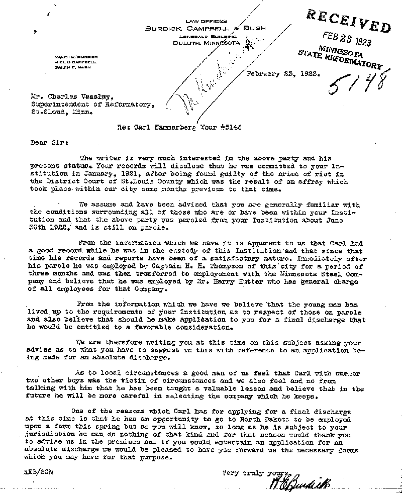 Carl John Alfred Hammerberg. Case No. 5148. Letter from Ralph E. Burdick to Charles E. Vasaly, February 23, 1923.