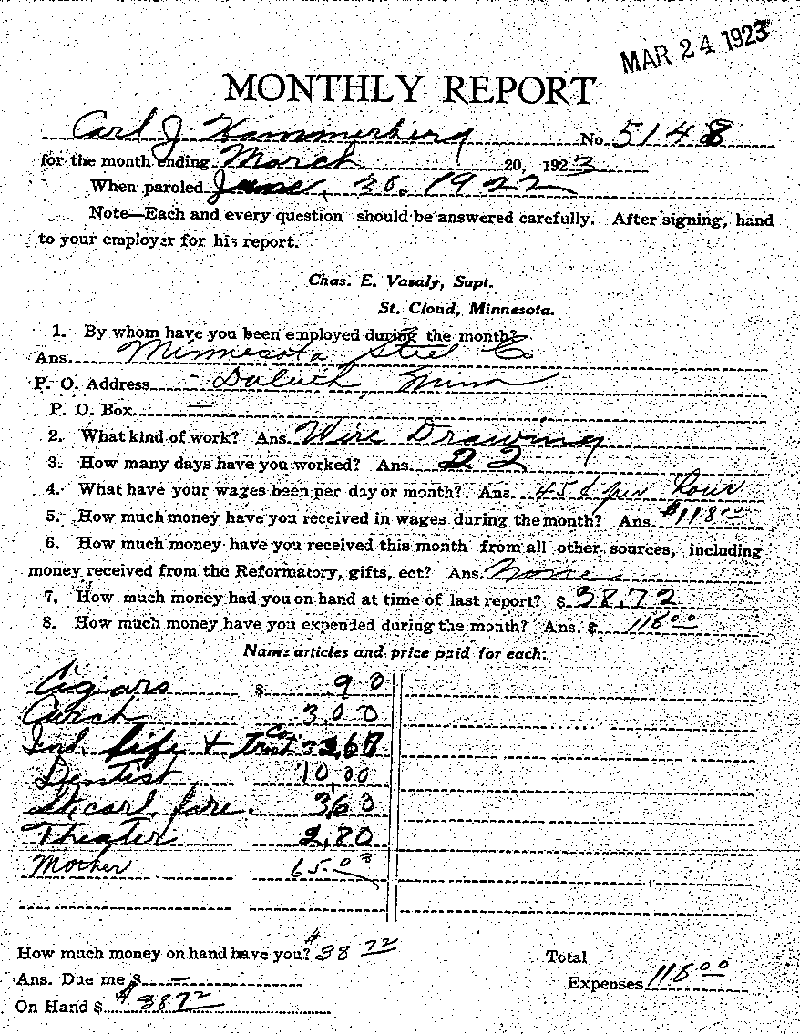 Carl John Alfred Hammerberg. Case No. 5148. Monthly Parole Report. March 20, 1923. --Gov't Record(s)--Monthly Parole Report (gif)