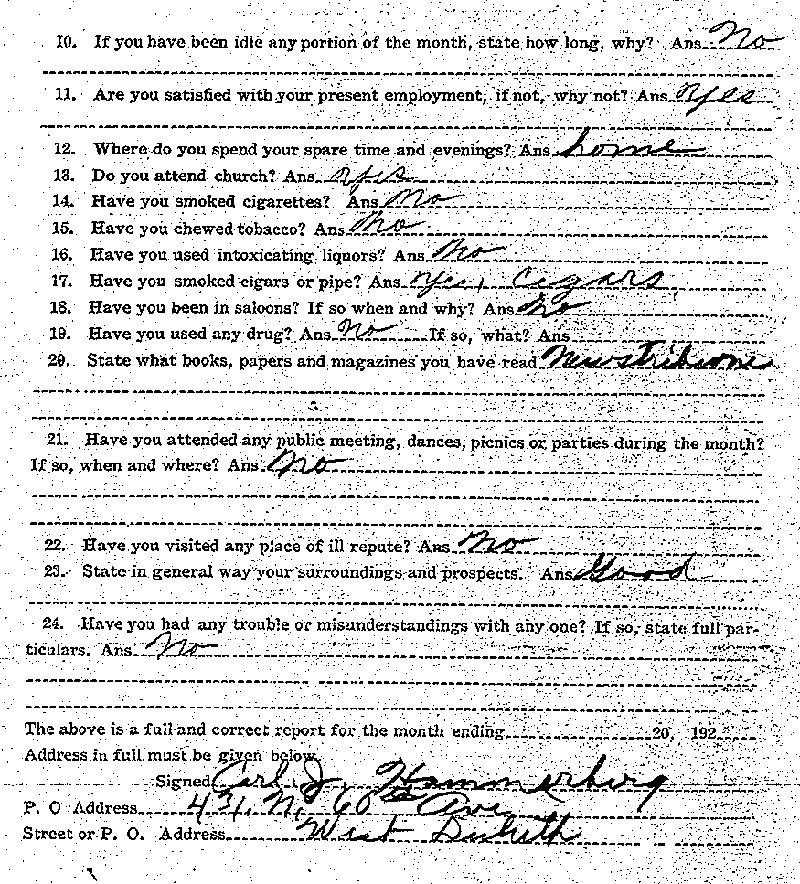 Carl John Alfred Hammerberg. Case No. 5148. Monthly Parole Report. March 20, 1923. --Gov't Record(s)--Monthly Parole Report (gif)
