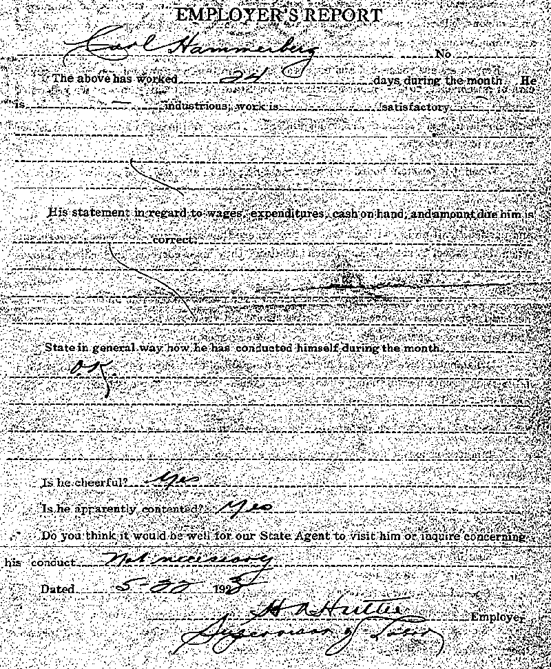 Carl John Alfred Hammerberg. Case No. 5148. Employer's Report, May 22, 1923.--Gov't Record(s)--Employer's Report (gif)