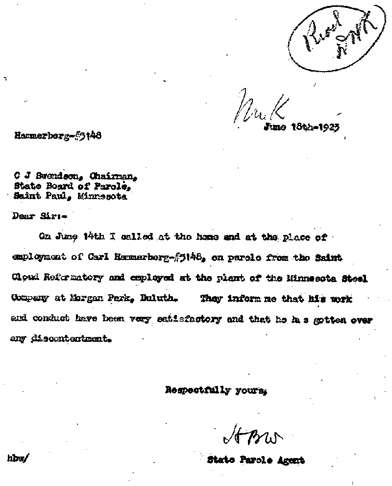 Carl John Alfred Hammerberg. Case No. 5148. Letter from H. B. Whittier to C. J. Swendsen, June 18, 1923.