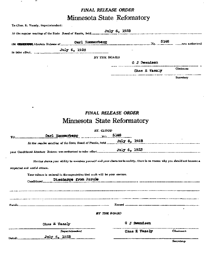Carl John Alfred Hammerberg. Case No. 5148. Final Release Order.