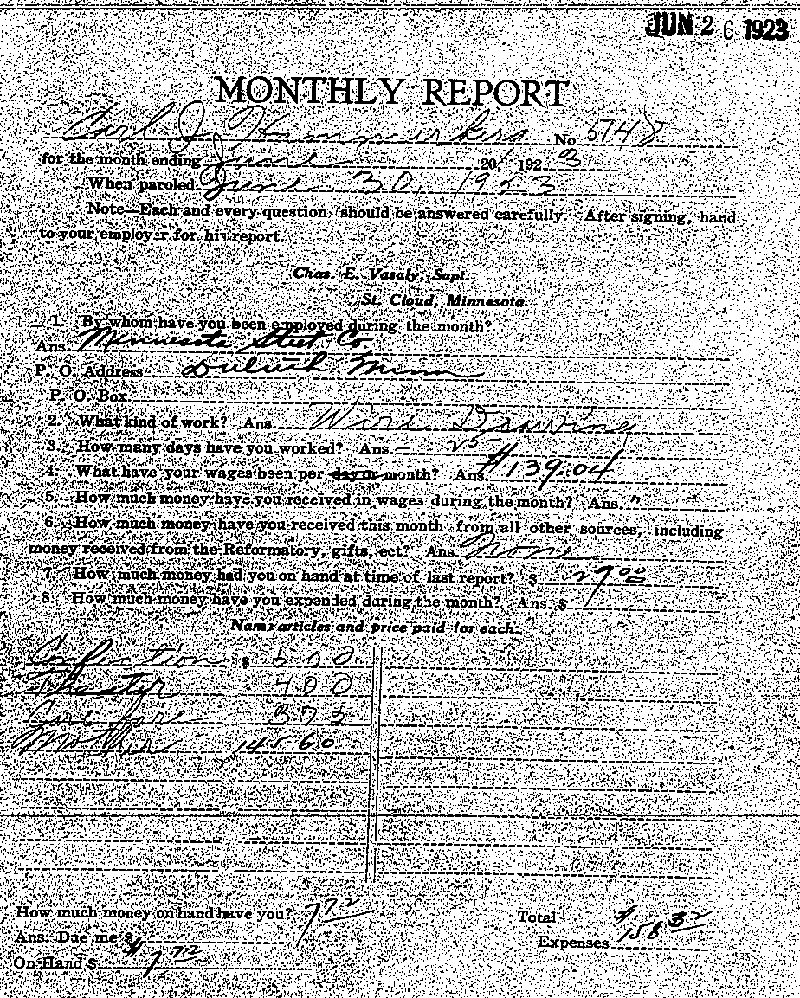 Carl John Alfred Hammerberg. Case No. 5148. Monthly Parole Report. June 20, 1923. --Gov't Record(s)--Monthly Parole Report (gif)