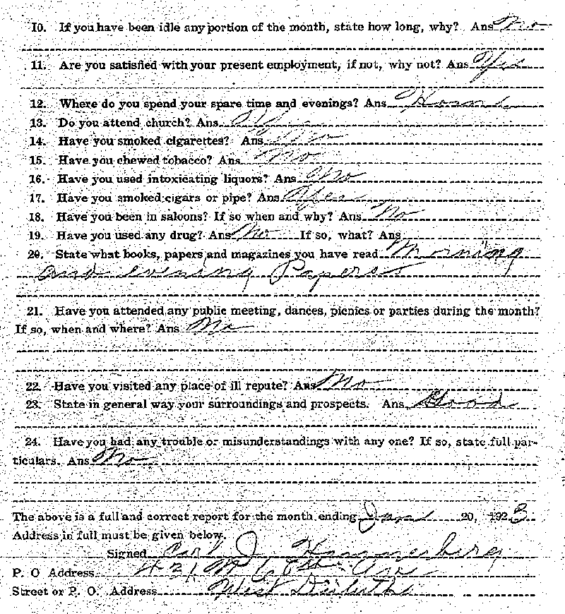 Carl John Alfred Hammerberg. Case No. 5148. Monthly Parole Report. June 20, 1923. --Gov't Record(s)--Monthly Parole Report (gif)