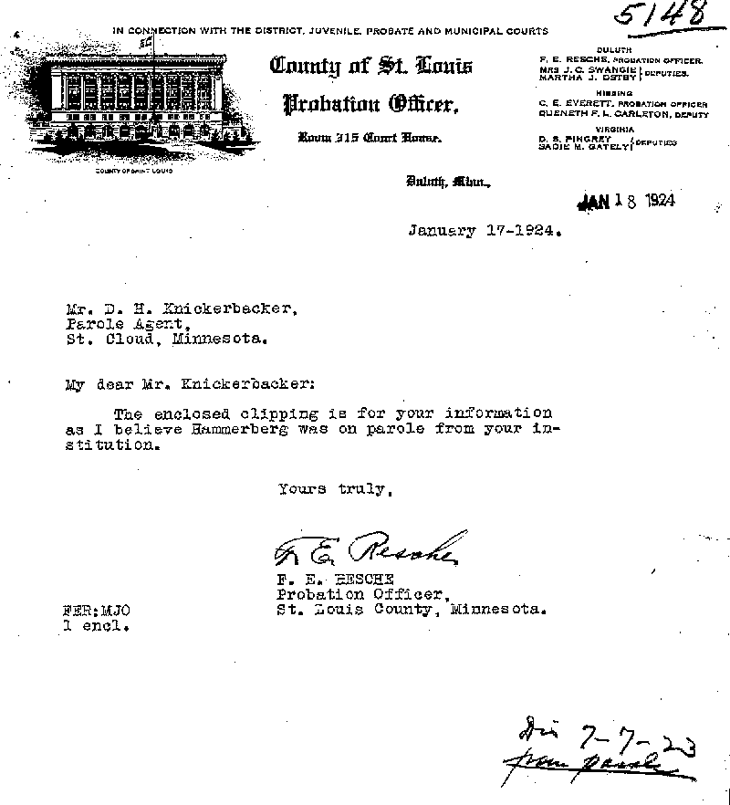 Carl John Alfred Hammerberg. Case No. 5148. Letter from F. E. Resche to D. H. Knickerbacker, January 17, 1924.--Correspondence (gif)