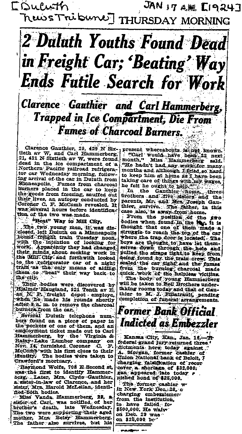 Carl John Alfred Hammerberg. Case No. 5148. Letter from F. E. Resche to D. H. Knickerbacker, January 17, 1924.--Correspondence (gif)