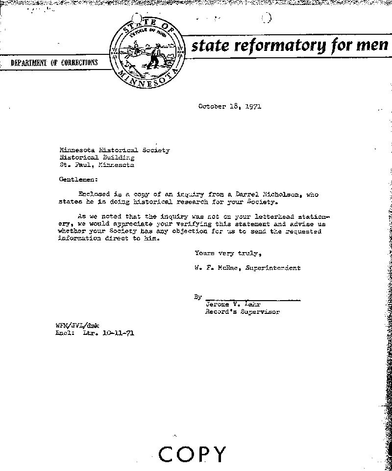 Carl John Alfred Hammerberg. Case No. 5148. Letter from W. F. McRae to Minnesota Historical Society, October 18, 1971.--Correspondence (gif)
