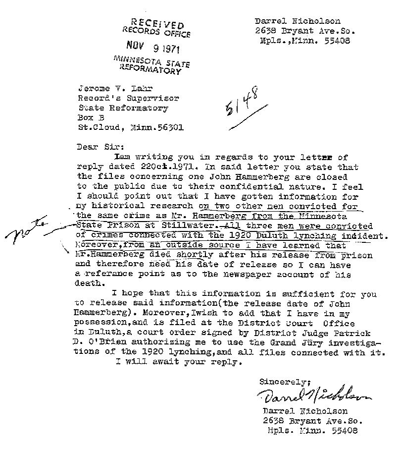Carl John Alfred Hammerberg. Case No. 5148. Letter from Darrel Nicholson to Jerome V. Lahr, November 9, 1971.