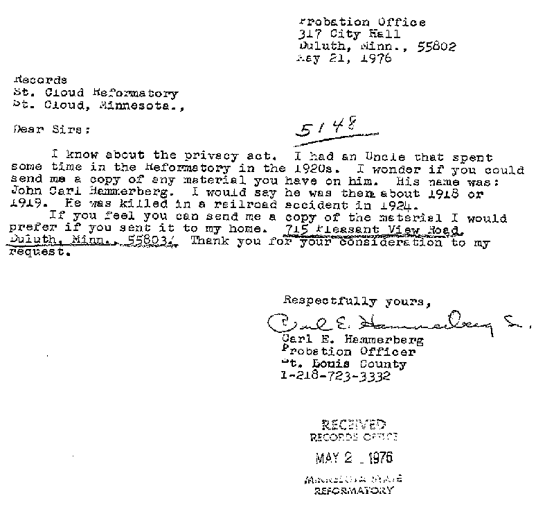Carl John Alfred Hammerberg. Case No. 5148. Letter from Carl E. Hammerberg to St. Cloud Reformatory, May 21, 1976.