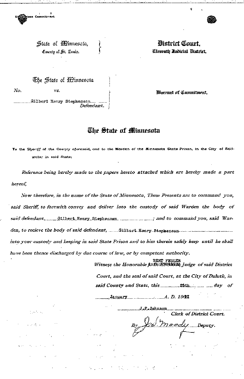 Gilbert Henry Stephenson. Case No. 6598. Warrant of Commitment. January 1921.--Gov't Record(s)--Warrant of Commitment (gif)
