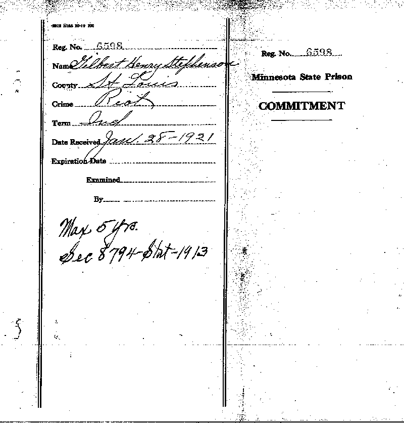 Gilbert Henry Stephenson. Case No. 6598. Warrant of Commitment. January 1921.--Gov't Record(s)--Warrant of Commitment (gif)